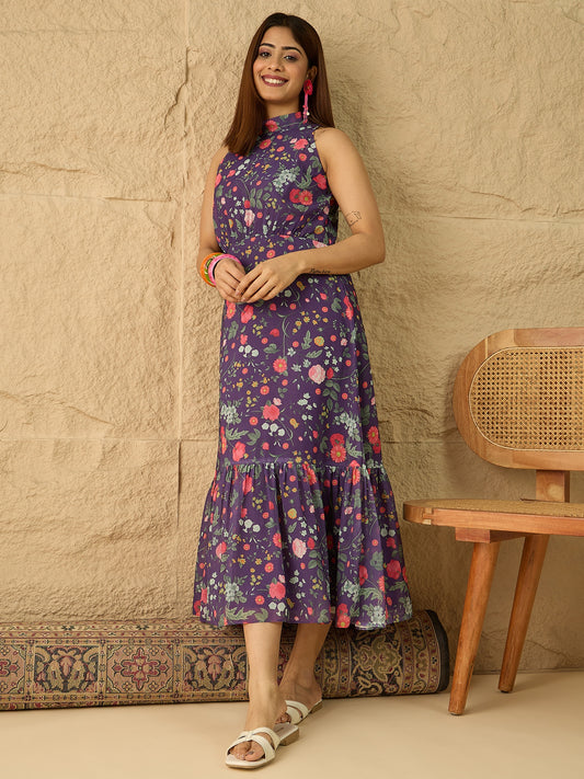 Floral Printed Halter Neck Fit & Flare Midi Dress