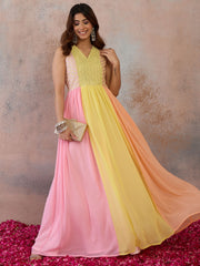 Colourblocked V-Neck A-Line Ethnic Dresses
