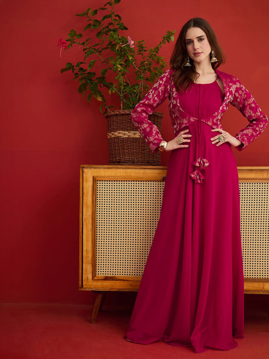 Printed Round Neck A-Line Maxi Dress With Jacket
