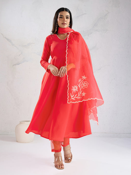 Women Floral Panelled Thread Work Kurta with Trousers & With Dupatta