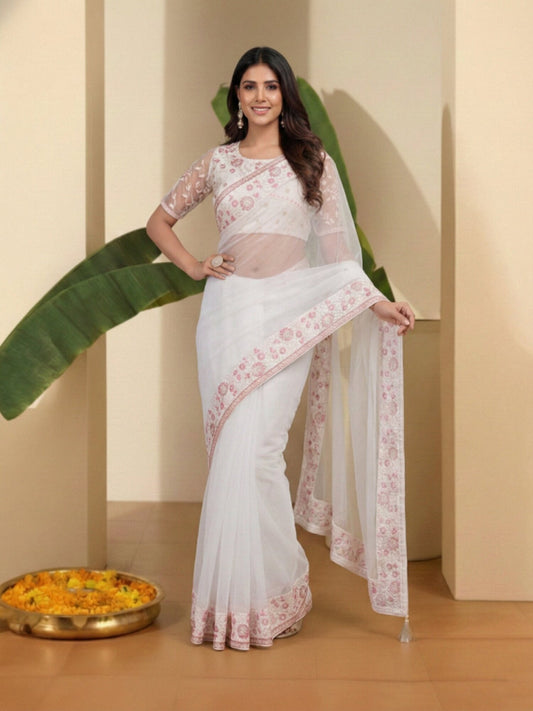 Floral Embroidered Net Saree
