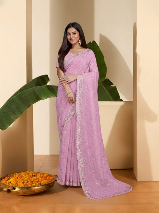 Embellished Embroidered Poly Chiffon Heavy Work Saree