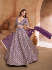 Purple and gold-toned Semi-Stitched Lehenga & Unstitched Blouse With Dupatta