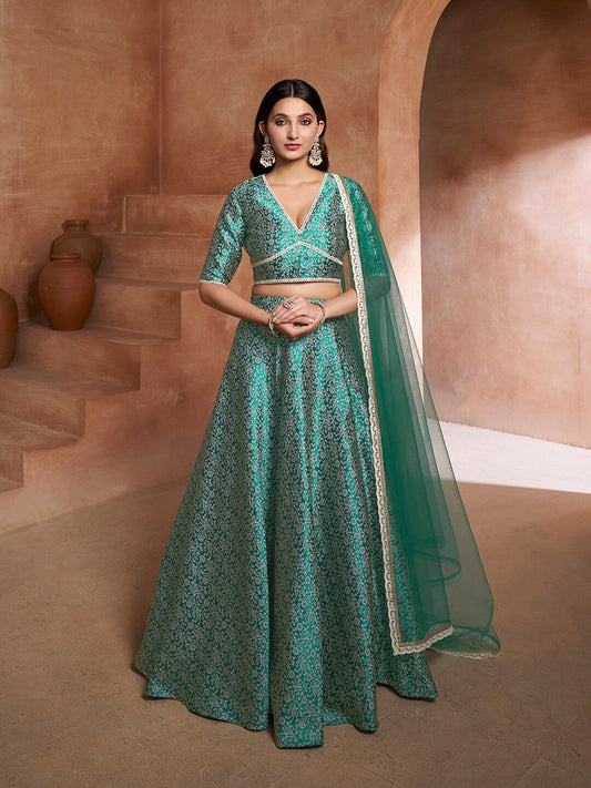 Green and white woven design Semi-Stitched Lehenga & Unstitched Blouse With Dupatta