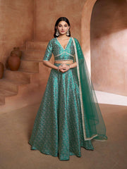 Green and white woven design Semi-Stitched Lehenga & Unstitched Blouse With Dupatta