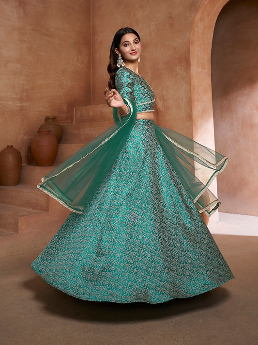 Green and white woven design Semi-Stitched Lehenga & Unstitched Blouse With Dupatta