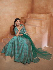 Green and white woven design Semi-Stitched Lehenga & Unstitched Blouse With Dupatta