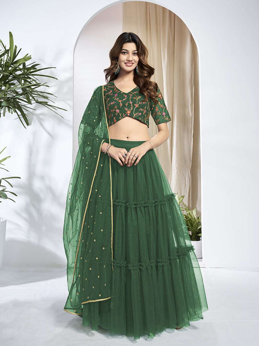 Embroidered Thread Work Semi-Stitched Lehenga & Unstitched Blouse With Dupatta