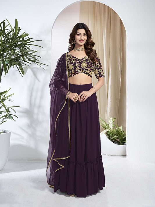 Embroidered Thread Work Semi-Stitched Lehenga & Unstitched Blouse With Dupatta