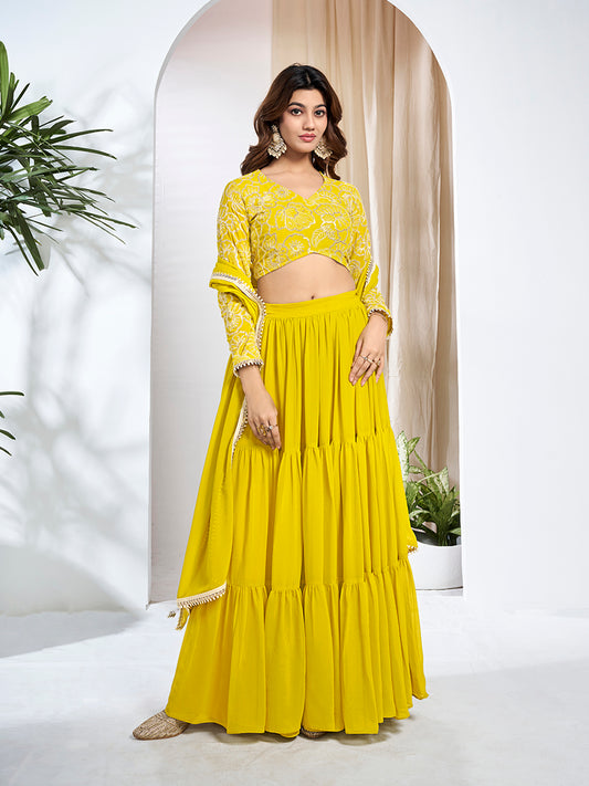 Embroidered Thread Work Semi-Stitched Lehenga & Blouse With Dupatta