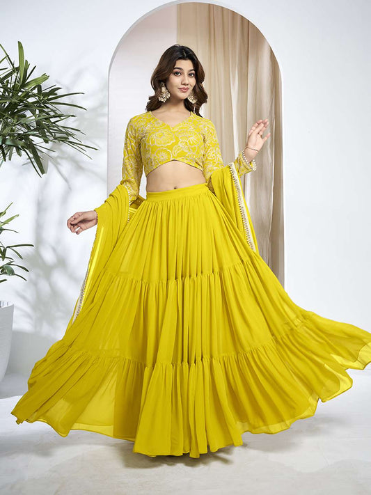 Embroidered Thread Work Semi-Stitched Lehenga & Unstitched Blouse With Dupatta