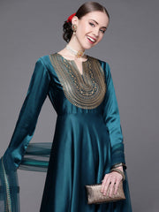 Women Teal Yoke Design Satin Anarkali Kurta