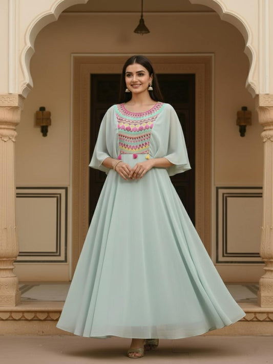 Embroidered Round Neck Maxi Ethnic Dresses