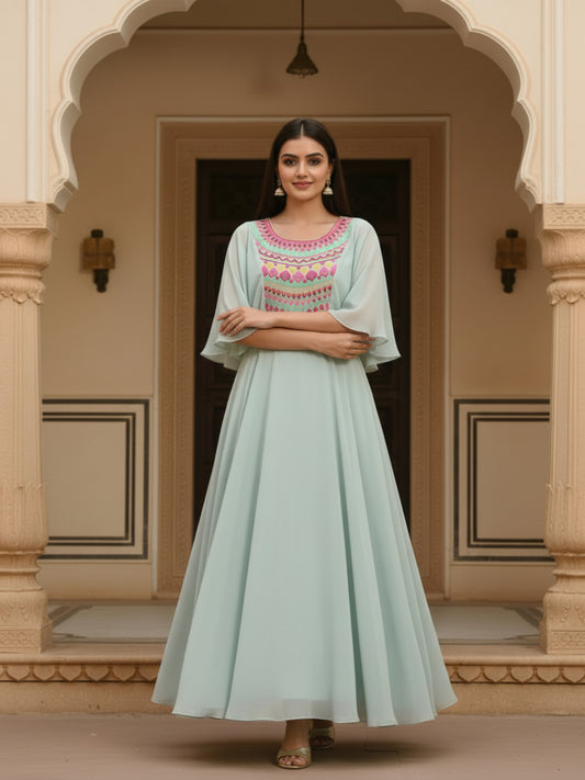 Embroidered Round Neck Maxi Ethnic Dresses