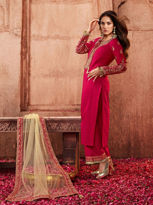 Magenta and Gold Embroidered Kurta Suit