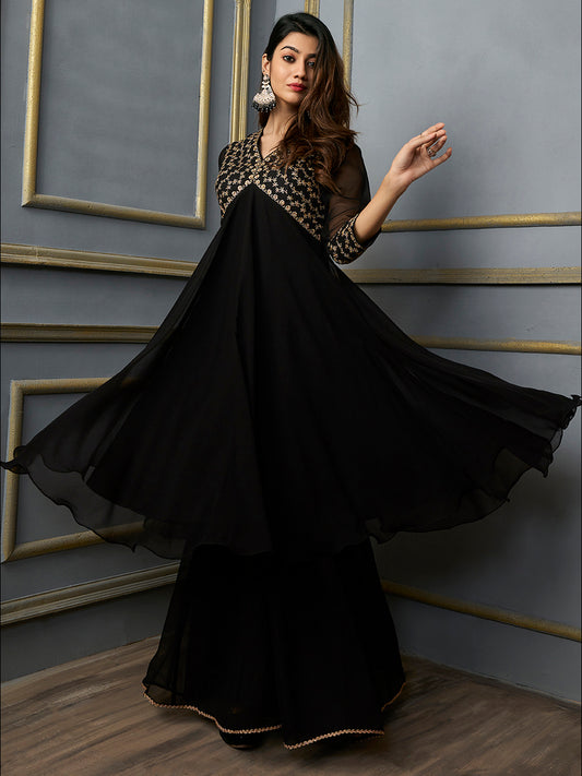 Floral Embroidered V Neck Top With Palazzo Co-Ords