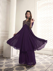 Floral Yoke Design Embroidered Anarkali Kurta with Sharara