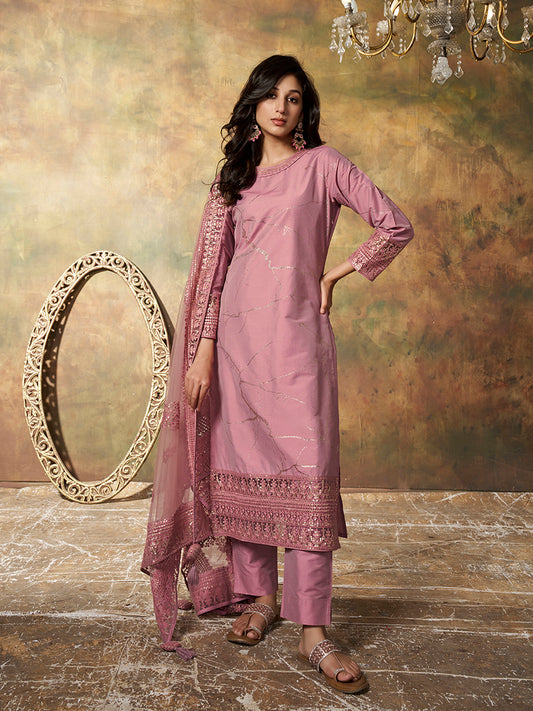 Women Abstract Printed and Sequinned Embroidered Kurta Set with Dupatta