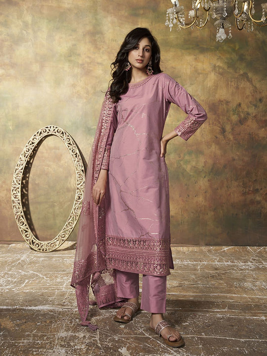 Women Abstract Printed and Sequinned Embroidered Kurta Set with Dupatta