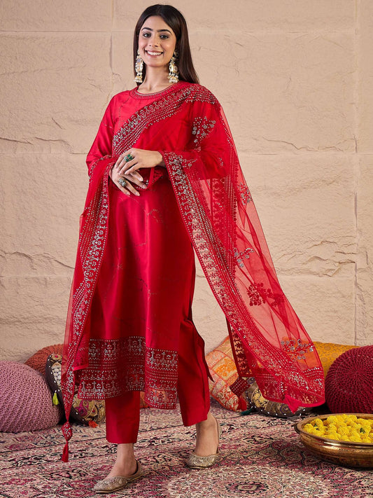 Women Abstract Printed Kurta with Trousers & Dupatta
