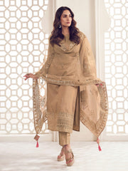 Beige Floral Thread and Sequines Embroidered Kurta Set