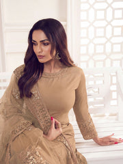 Beige Floral Thread and Sequines Embroidered Kurta Set