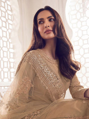 Beige Floral Thread and Sequines Embroidered Kurta Set