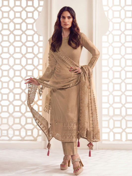 Beige Floral Thread and Sequines Embroidered Kurta Set