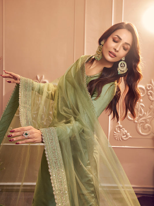 Women Embroidered Regular Sequinned Kurta with Trousers & With Dupatta