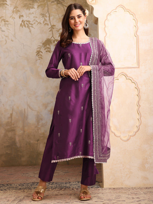 Floral Embroidered Sequinned Straight Kurta With Trousers & Dupatta