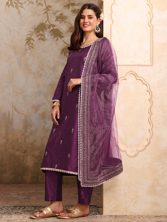 Floral Embroidered Sequinned Straight Kurta With Trousers & Dupatta