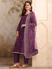 Floral Embroidered Sequinned Straight Kurta With Trousers & Dupatta