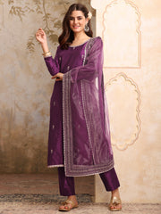 Floral Embroidered Sequinned Straight Kurta With Trousers & Dupatta