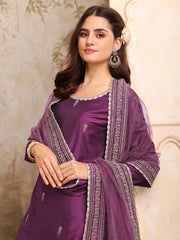 Floral Embroidered Sequinned Straight Kurta With Trousers & Dupatta