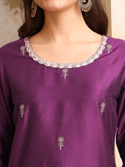 Floral Embroidered Sequinned Straight Kurta With Trousers & Dupatta