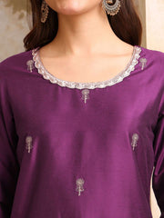 Floral Embroidered Sequinned Straight Kurta With Trousers & Dupatta