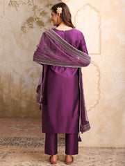 Floral Embroidered Sequinned Straight Kurta With Trousers & Dupatta