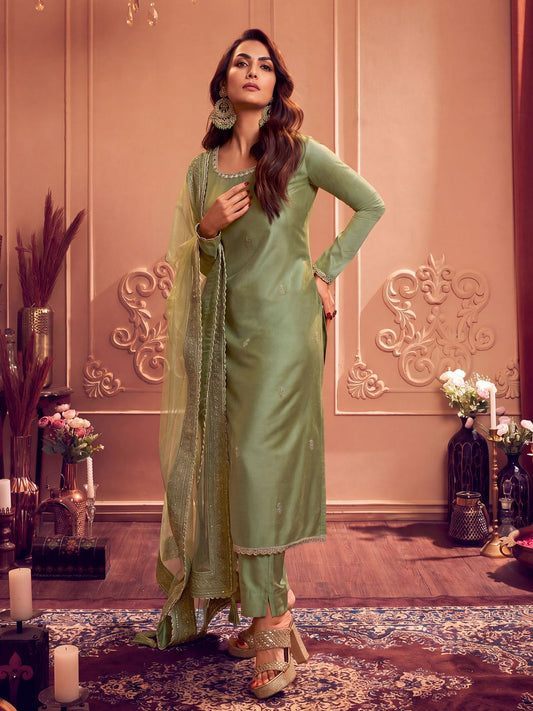 Ethnic Motifs Embroidered Round Neck Long Sleeve Zari Kurta Set With Dupatta