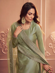Ethnic Motifs Embroidered Round Neck Long Sleeve Zari Kurta Set With Dupatta