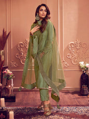Ethnic Motifs Embroidered Round Neck Long Sleeve Zari Kurta Set With Dupatta