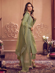 Ethnic Motifs Embroidered Round Neck Long Sleeve Zari Kurta Set With Dupatta