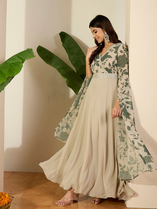 Printed V-Neck Gown Dresses