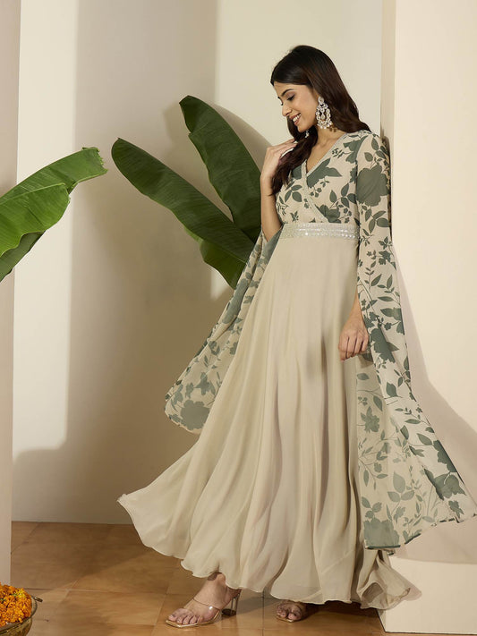 Printed V-Neck Gown Dresses
