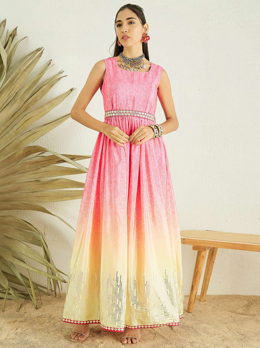 Pink Floral Printed Gathered Detailed Maxi Ethnic Dress With Belt