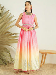 Pink Floral Printed Gathered Detailed Maxi Ethnic Dress With Belt