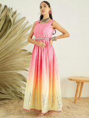 Pink Floral Printed Gathered Detailed Maxi Ethnic Dress With Belt