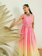 Pink Floral Printed Gathered Detailed Maxi Ethnic Dress With Belt