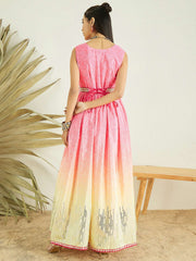 Pink Floral Printed Gathered Detailed Maxi Ethnic Dress With Belt