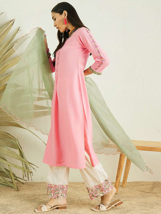 Pink Floral Yoke Design Thread Work Kurta & Palazzos With Dupatta