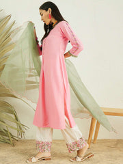 Pink Floral Yoke Design Thread Work Kurta & Palazzos With Dupatta